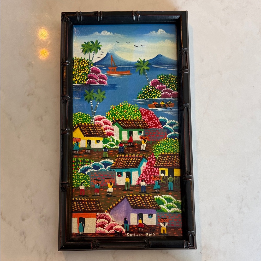 Colourful Contemporary Folk Style Haitian/Caribbean Village Scene Framed Artwork